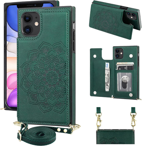 KIHUWEY 11 Crossbody Wallet Case with Card Slots, Embossed Mandala Pattern, Protective Kickstand Cover