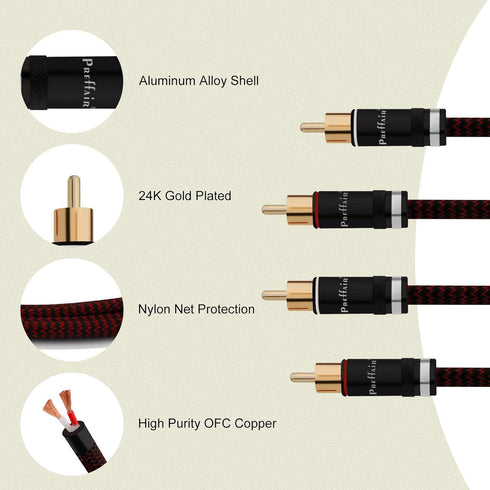 Preffair 2Pcs/1 Pair RCA Cables OFC Copper Shielded Gold Plated RCA Male to Male Connectors (4.9FT/1.5M)