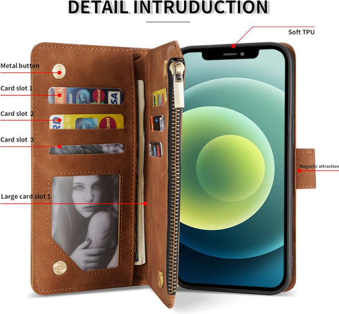 ZZXX for iPhone 12 Mini Wallet Case with Card Slot, Premium Soft PU Leather Zipper Flip Folio Wallet (Brown)