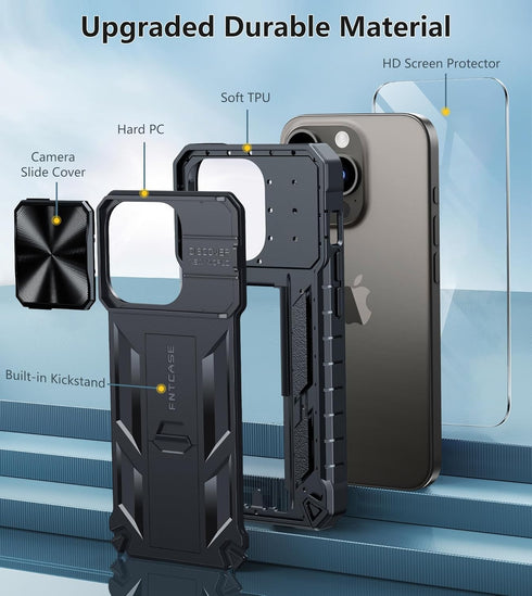 FNTCASE iPhone 15 Pro Case: Heavy Duty Black Bumper, Military Grade Drop Protection, Kickstand & Textured Grip.