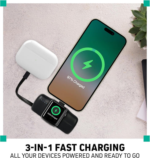 3-in-1 Portable Charger 5000mAh Battery, Ultra-Compact Fast Charging Support for iPhone, USB-C Devices, Smartwatch