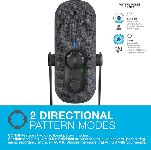 JLab Go Talk USB Microphone, Black, USB-C Output, Cardioid or Omnidirectional, Plug and Play with Volume Control