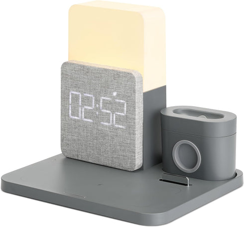 6 in 1 Fast Charging Station, 10W Wireless Charger with Alarm Clock and Night Light, Compatible with iPhone