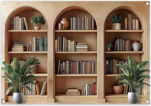 YCUCUEI 7x5ft Fabric Arched Bookshelf Backdrop School Library Books Modern Office Plants Video