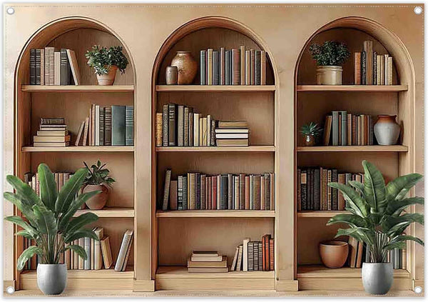YCUCUEI 7x5ft Fabric Arched Bookshelf Backdrop School Library Books Modern Office Plants Video