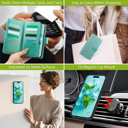 Varikke Wallet Case for iPhone 13 Pro Max, Fashion Glitter Leather Strap, Magnetic Flip Cover, Mint Green