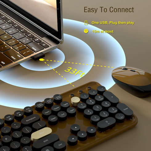 Wireless Full Size Retro Keyboard and Mouse Combos, 2.4Ghz Optical Mouse for Windows, Mac, PC, Laptop (Coffee-Black)