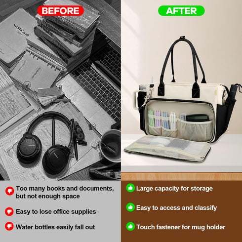 15.6 Inch Teacher Tote Bag for Women with Large Cup Holder& Laptop Compartment, Utility Work Tote Bag with Internal