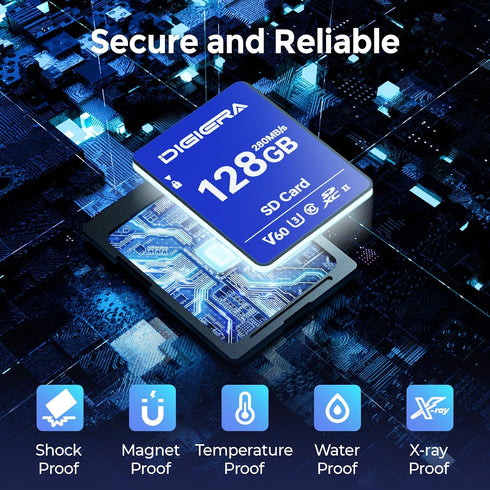 DIGIERA 128GB LSU100 280MB/s, C10, U3, V60, 6K, (1 Pack) SDXC UHS-II Memory Card - up to SD Card for Computers, Digital