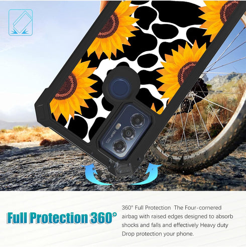 Shop Motorola Moto G Play 2023 Case with Glass Screen Protector, Heavy Duty PC & TPU, Shockproof - Cow Print Sunflowers.