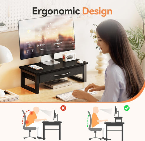 HEWORLIF 2-Tier Computer Monitor Stand Riser, Desk Organizers and Accessories with Drawer, Laptop Stand for Desk