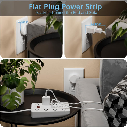 HUNIAN 5 8 6 (1 Power Strip with USB, Flat Plug Extension Cord Surge Protector Ft, Power Strip with Widely Spaced