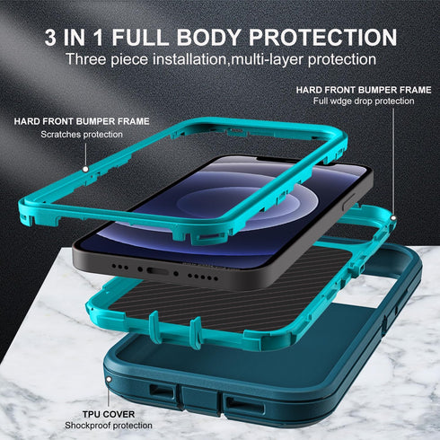 Military Grade 3 in 1 Heavy Duty Case for iPhone 12 Mini, Shockproof/Dust Proof with 2Pcs Tempered Glass Protector