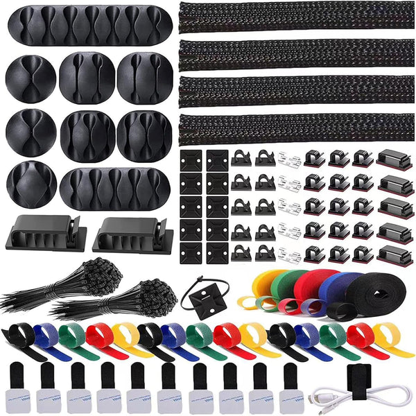 ELII 300PCS Cable Management Kit, 4 Cable Sleeve, 35 Cable Clips, 11 Cord Holders, 200 Fastening Cable Ties for Under