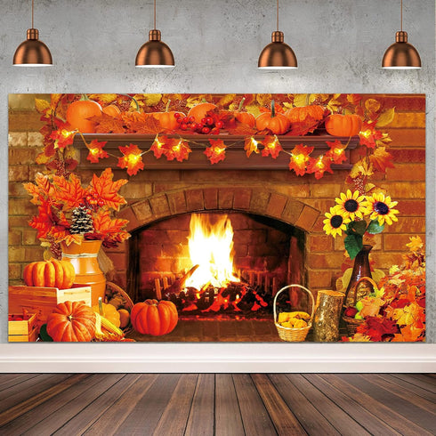 Fall Thanksgiving Decoration, Fireplace Backdrop Autumn Harvest Pumpkin Background for Thanksgiving Day Party Supplies