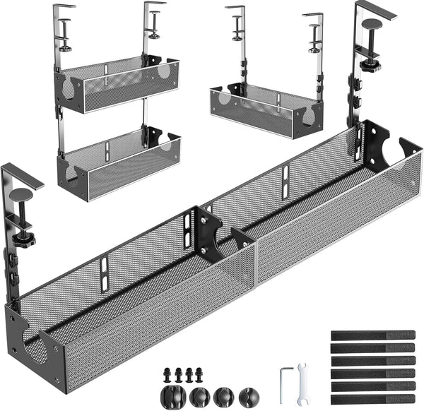Multi-Model Under Desk Cable Management Tray 2 Packs, Metal Wire Management Clamp for No Damage to Desk (Black)