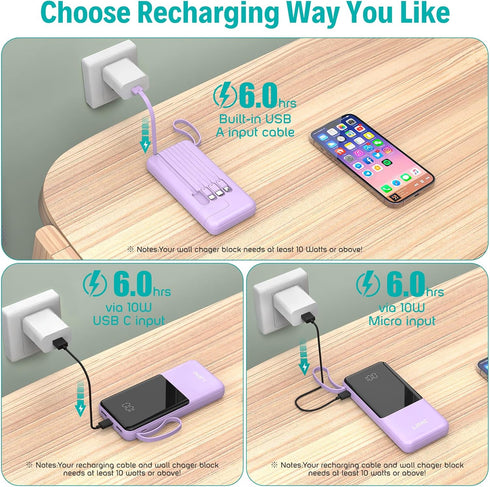 Portable Charger with Built-in Cables, 10000mAh Slim USB C Power Bank, High Speed External Battery Pack for iPhone