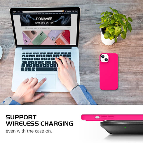 DOMAVER iPhone 13 Case - Hot Pink Silicone Soft Gel with Microfiber Lining for Cushion Protection.