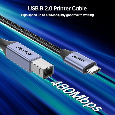 6.6ft, BENFEI USB B to USB C Printer Cable Nylon Braided, Premium Aluminium Alloy Case Compatible for MacBook Pro, HP