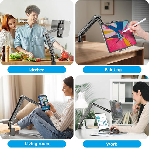 Jakeko 360 Adjustable Tablet Mount for Desk - Degree Rotating Base Tall Arm Holder Stand Swivel Flexible Clamp Soporte