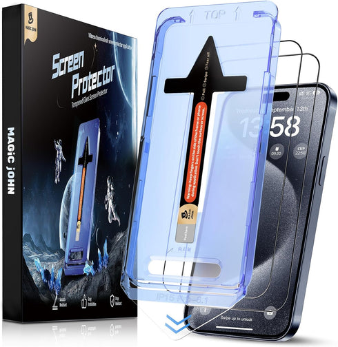 iPhone 15 Pro Magic John 2 Pack Tempered Glass Screen Protector, HD Clear, Bubble Free, Easy Install, Dynamic Island