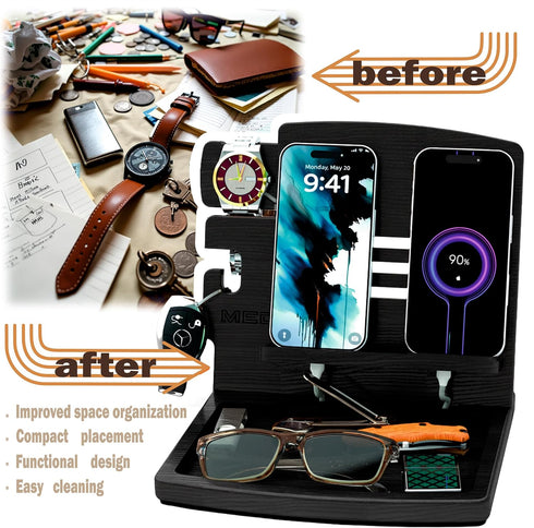 MED Wood Phone Docking Station Nightstand Desk Organizer for Phone, Watch, Wallet & Tablet Gift for Men, Husband, Dad