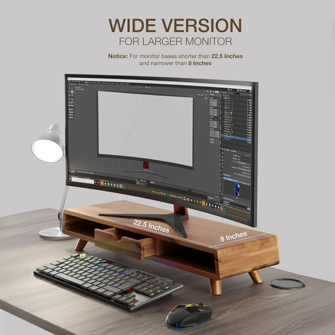TINAMO Acacia Wood Monitor Stand with Drawer, Wooden Riser for Desk, Multi-Purpose Desktop Storage
