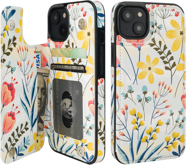 HAOPINSH iPhone 13 Case Wallet, Floral PU Leather Folio with Card Holder & Kickstand, Shockproof 6.1" for Women & Girls.