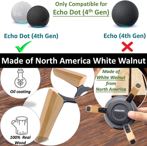 Real Wood Stand for Echo Dots (4th Gen, 5th Gen) - Wooden Mount with Metal Frame, Anti-Slip Silicone Pads