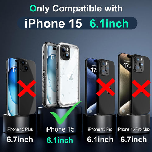 SOKUSIN Waterproof Case for iPhone 15 - Shockproof Drop Proof Dustproof Clear Phone Case with Built-in Screen & Camera