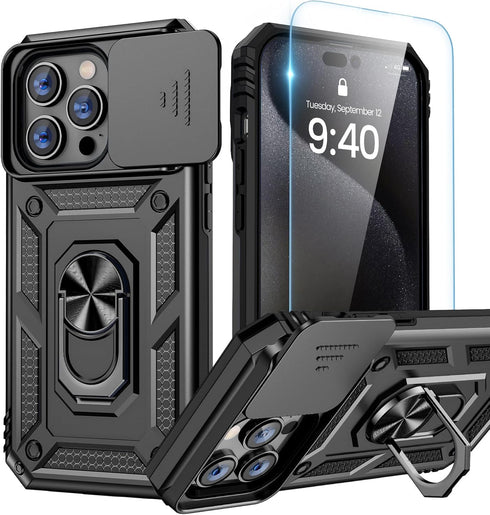 Goton iPhone 15 Pro Max Case - Heavy Duty Shockproof Bumper with Screen Protector & Slide Camera Cover, Black