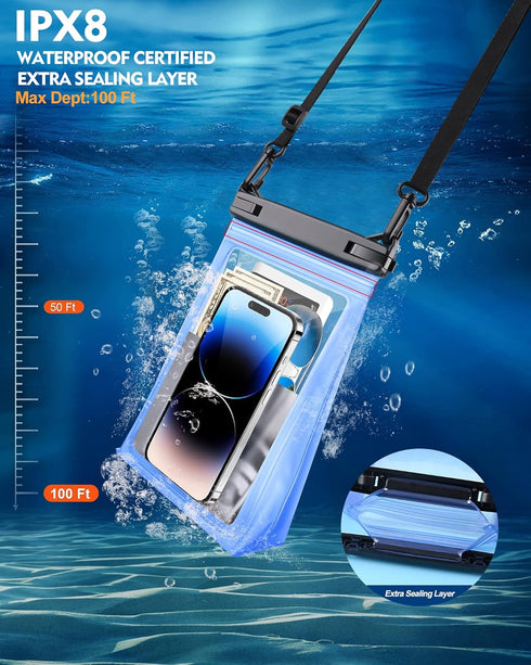 Extra Large Waterproof Phone Pouch, IPX8 Underwater Protector for Beach Vacation, Clear Dry Bag with Lanyard