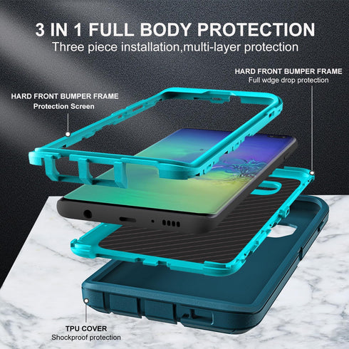 Military Grade 3 in 1 Heavy Duty Case for Samsung Galaxy S10 Plus, with 2Pcs Self Healing Flexible TPU Screen Protector
