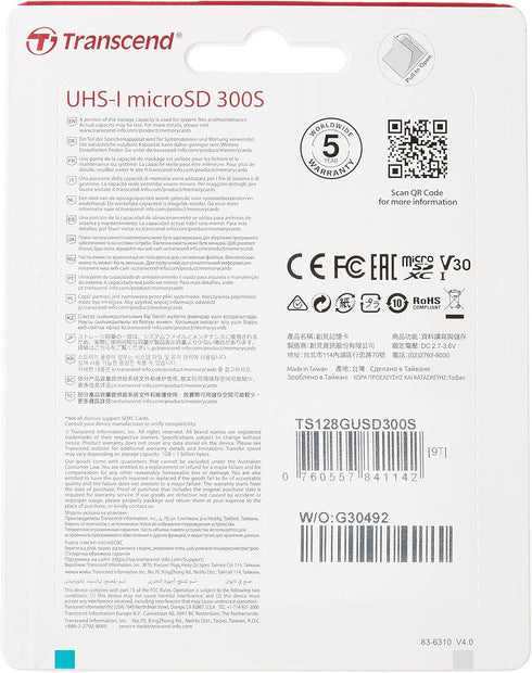 128GB MicroSDXC Class 10 UHS-1 U3 A1 V30 Memory Card - Transcend TS128GUSD300S