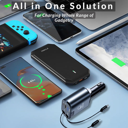 4 in 1 Fast Car Charger - 66W with 2 Retractable Lightning Cords, USB-A & USB-C Ports for iPhone 15/14/13/12, Galaxy,