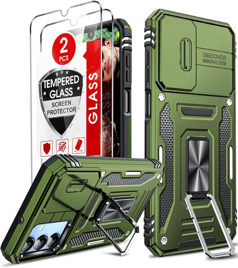 LeYi Samsung Galaxy A15-5G Case with Screen Protector, Magnetic Kickstand, Shockproof Kickstand Capa Celular, Olive