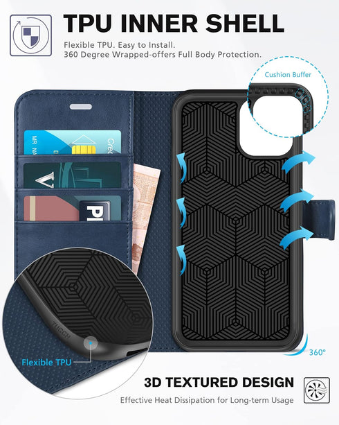 TUCCH Case Wallet for iPhone 11, PU Leather Flip Folio Case with Shockproof TPU Inner Shell, RFID Blocking, Dark Blue