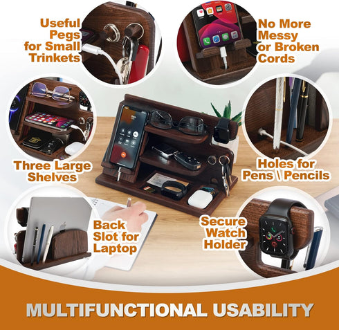 Wood Phone Docking Station, Ash Key Holder Wallet Stand Watch Organizer for Men, Anniversary Gift Idea, Brown