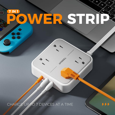TESSAN Long Flat Extension Cord 15 ft with Surge Protector - Power Strip with 4 Outlets & 3 USB Ports (1 USB C)