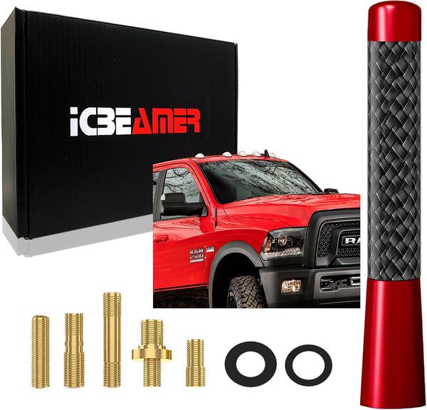 ICBEAMER 3" 76 mm Short Automotive Antenna, Carbon Fiber Polished Finish & Red Aluminum, Universal Fit for Car, Truck,