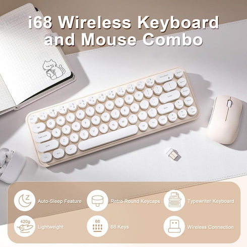 MIKIBY i68 2.4GHz WindowsxP/7/8/10 Wireless Keyboard and Mouse Combo, Retro Typewriter Style Keyboard with Round