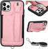 TOOVREN Lanyard Case for iPhone 12/12 Pro with Strap, Slim Designer Wallet Protective Case with Card Holder Pink