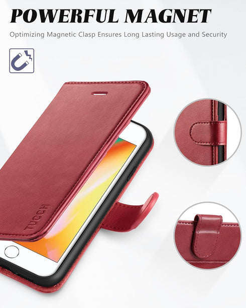 TUCCH Wallet Case for iPhone 8 Plus/7 Plus, Dark Red Magnetic Closure with Card Slots Money Pouch, Stand PU Leather