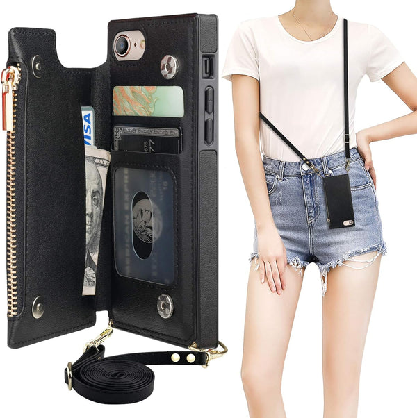 Bocasal Crossbody Wallet Case for iPhone SE 2022/SE 2020/7/8, Zipper Card Slot Protector, Shockproof Purse Cover (Black)