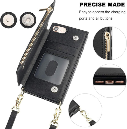 Bocasal Crossbody Wallet Case for iPhone SE 2022/SE 2020/7/8, Zipper Card Slot Protector, Shockproof Purse Cover (Black)