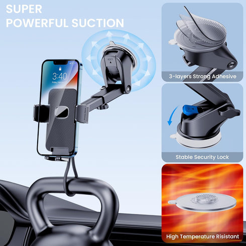 Phone Holder Car Mount for iPhone, Powerful Suction Dashboard Windshield Air Vent Universal Accessories