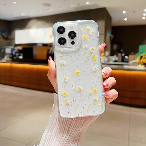 Compatible with iPhone 15 Plus Flower Case, Soft Clear Rubber Pressed Dry Real Flowers Case Girls Glitter Floral Cover Clear case with Flowers for iPhone 15 Plus(Yellow)