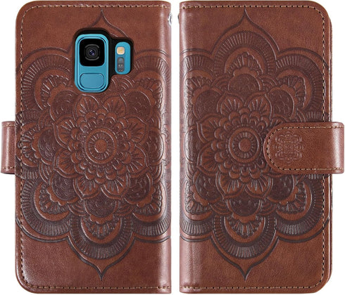 Asuwish Galaxy S9 Wallet Case: Flower Leather Flip, Tempered Glass Protector, Credit Card Holder, Stand Folio, Brown.
