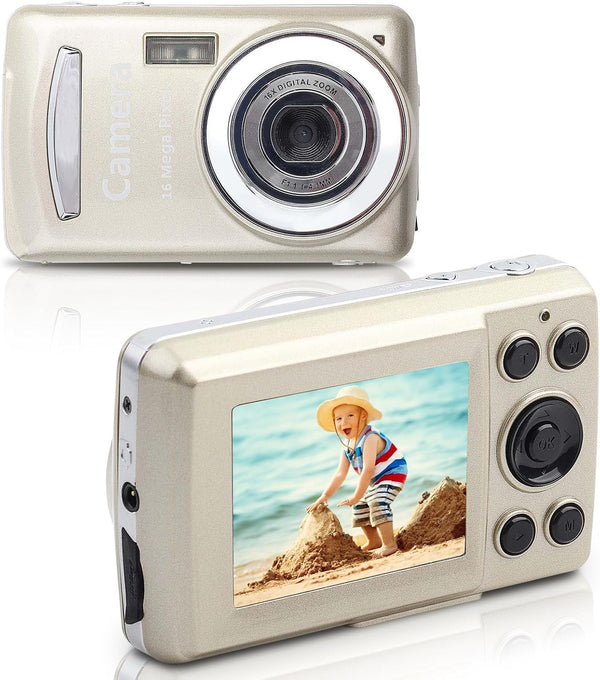 FHD 720P Digital Camera for Kids, Compact Point and Shoot with 16X Zoom, Portable Small Camera (Gold)