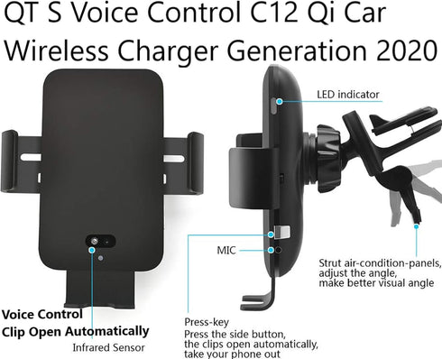 Wireless Car Charger QT S with Auto Clamp, Voice Control, Touch Sensor, Fast Charging for iPhone 12/12 Pro Max, Samsung
